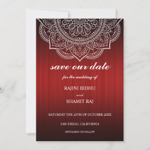 Elegant Deep Red Paisley Indian Hindu Wedding Save The Date