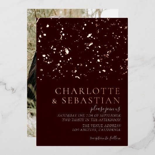 Elegant Deep Red Photo Wedding Persoonlijk Folie Uitnodiging (Voorkant / Achterkant)