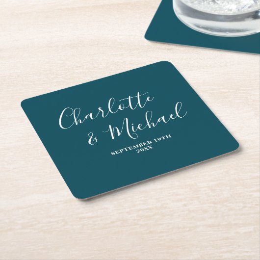 Elegant Deep Teal Script Minimalist Wedding Kartonnen Onderzetters (Schuin)