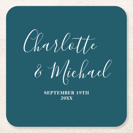 Elegant Deep Teal Script Minimalist Wedding Kartonnen Onderzetters (Voorkant)