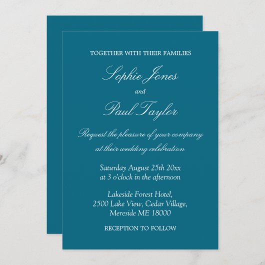 Elegant Deep Turquoise Blue Wedding Invitation Kaart (Voorkant / Achterkant)