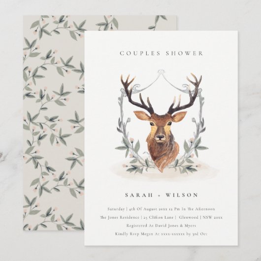 Elegant Deer Floral Crest Couples Shower Invite Bedankkaart (Voorkant / Achterkant)