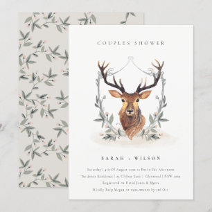 Elegant Deer Floral Crest Couples Shower Invite Bedankkaart
