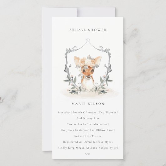 Elegant Deer Floral Crest Vrijgezellenfeest Invite Bedankkaart (Voorkant)