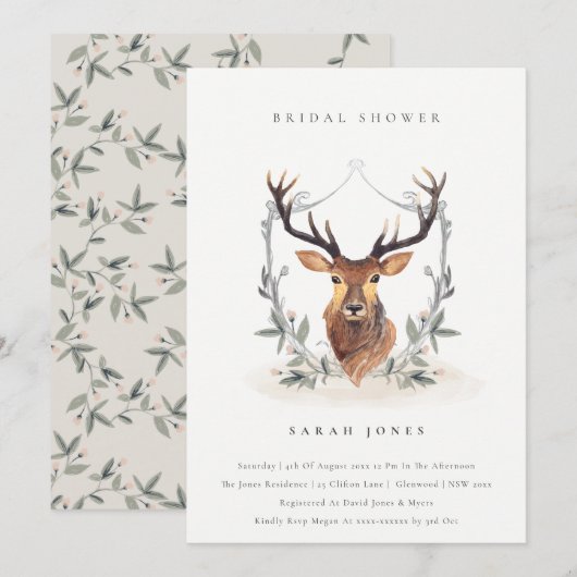 Elegant Deer Floral Crest Vrijgezellenfeest Invite Bedankkaart (Voorkant / Achterkant)