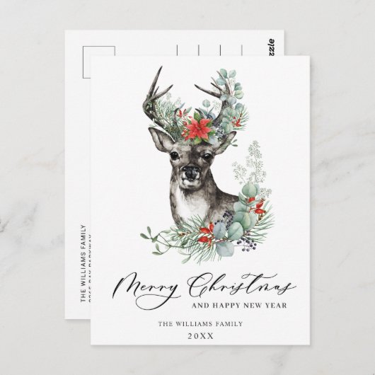Elegant Deer Poinsettia Kerstfeest feestdag Briefkaart (Voorkant / Achterkant)