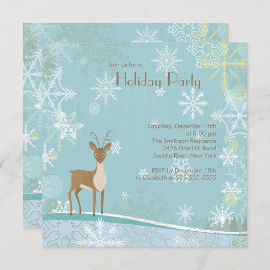 Elegant Deer Snowflakes Holiday Party Uitnodiging (Voorkant / Achterkant)