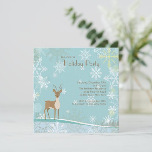 Elegant Deer Snowflakes Holiday Party Uitnodiging (Staand voorkant)