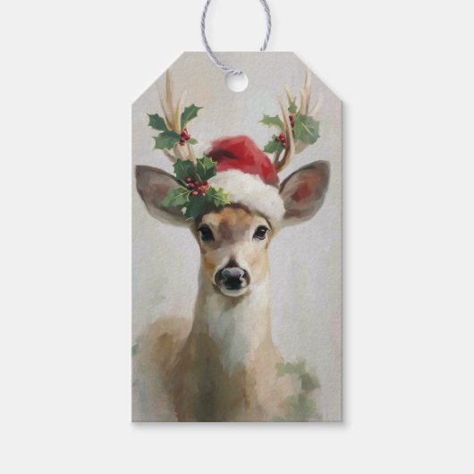 Elegant Deer with Santa Hat Christmas Cadeaulabel (Voorkant)