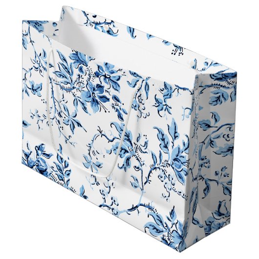 Elegant Delft Blue en White Floral Groot Cadeauzakje (Voorkant Gekanteld)