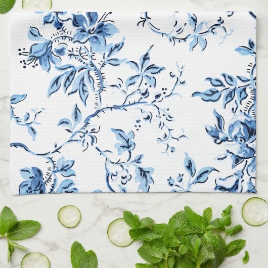Elegant Delft Blue en White Floral Theedoek (Gevouwen)