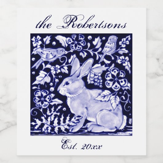 Elegant Delft Navy Blue Bunny Rabbit Birds Custom Wijn Etiket (Enkel label)