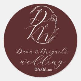 Elegant Delicaat Bloemend Wedding Logo Diep Burgun Ronde Sticker