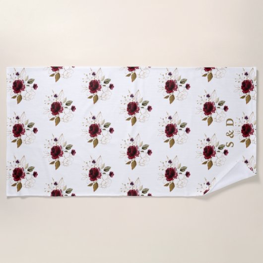 Elegant Delicaat Burgundy Gouden Bloemen Monogram Strandlaken (Voorkant)