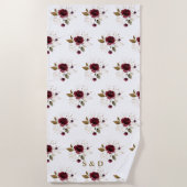 Elegant Delicaat Burgundy Gouden Bloemen Monogram Strandlaken (Voorkant)
