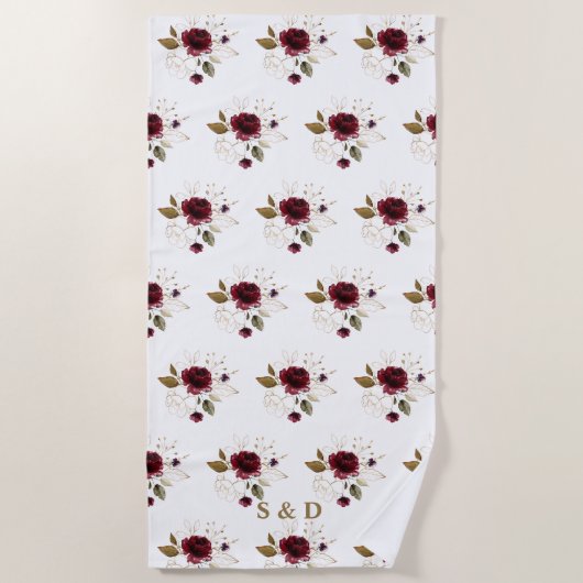 Elegant Delicaat Burgundy Gouden Bloemen Monogram Strandlaken (Voorkant)