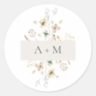 Elegant Delicaat Geperst Bloem Initialen Huwelijk Ronde Sticker