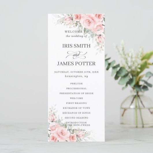 Elegant Delicate Blush Pink Bloemen Bruiloft Progr Programmakaart (Staand voorkant)