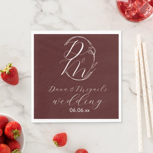Elegant Delicate Floral Wedding Logo Deep Burgundy Servet (Insitu)