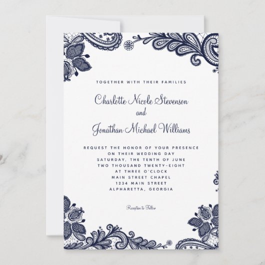 Elegant Delicate Kant Bruiloft Navy Blauw Wit Chic Kaart (Voorkant)