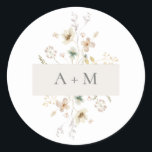 Elegant Delicate Ppress Floral Monogram Weddenscha Ronde Sticker<br><div class="desc">Deze elegante en eenvoudige trouwronde sticker is voorzien van prachtige, met de hand geschilde waterverf die roze, stoffig blauw en sage groene geperste bloemen met grijze typografie en script. (Dit maakt deel uit van het Delicate Gedprekte collectie van Florals dat kan worden bekeken door op de bovengenoemde verbinding te klikken.)...</div>