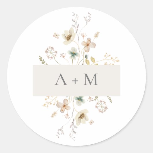 Elegant Delicate Ppress Floral Monogram Weddenscha Ronde Sticker (Voorkant)