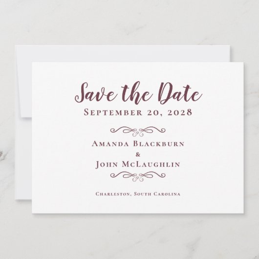 Elegant Delicate Romantic Calligraphy Burgundy Red Save The Date (Voorkant)
