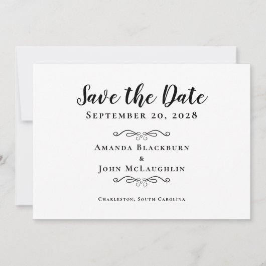 Elegant Delicate Script Romantic Calligraphy Black Save The Date (Voorkant)