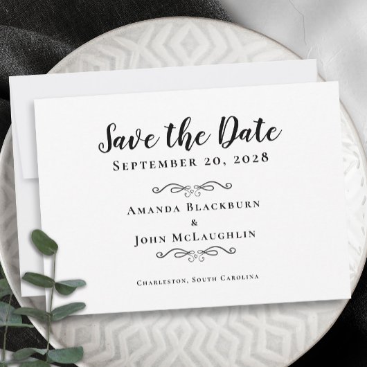 Elegant Delicate Script Romantic Calligraphy Black Save The Date