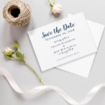 Elegant Delicate Script Romantic Calligraphy Blue Save The Date<br><div class="desc">Elegant, delicaat sparen de datumkaarten in mooi blauw en wit marineschip zijn klassiek, formeel en tijdloos. Het romantische ontwerp zonder grenzen staat u toe om de papieren vorm voor uw aankondiging van het verloving gemakkelijk te kiezen. Twee decoratieve bloeien die elk één enkel hart bevatten, omhullen de naam van de...</div>