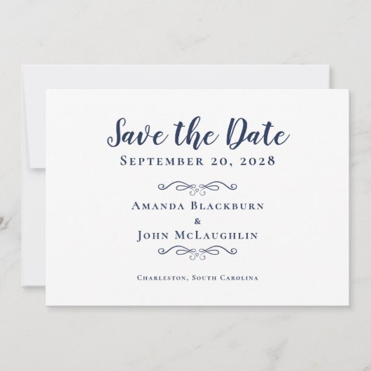 Elegant Delicate Script Romantic Calligraphy Blue Save The Date (Voorkant)
