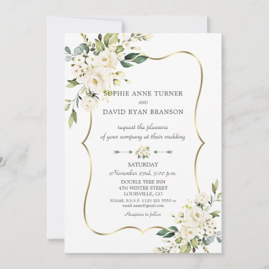 Elegant Delicate White Flowers Gold Lijst Weddensc Kaart (Voorkant)
