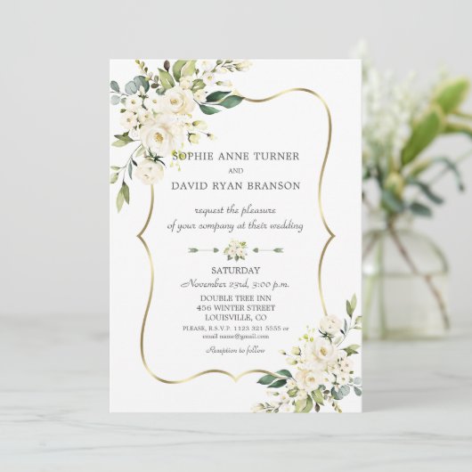 Elegant Delicate White Flowers Gold Lijst Weddensc Kaart (Staand voorkant)