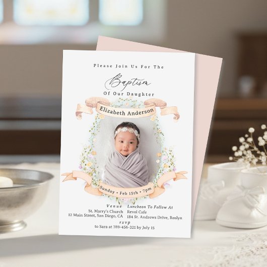 Elegant Delicate Wildflowers Baby Photo Baptism Kaart