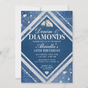 Elegant Denim and Diamonds Birthday Invitation Kaart