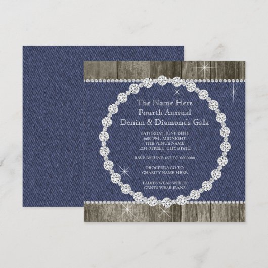 Elegant Denim en Diamonds-feest Kaart (Voorkant / Achterkant)
