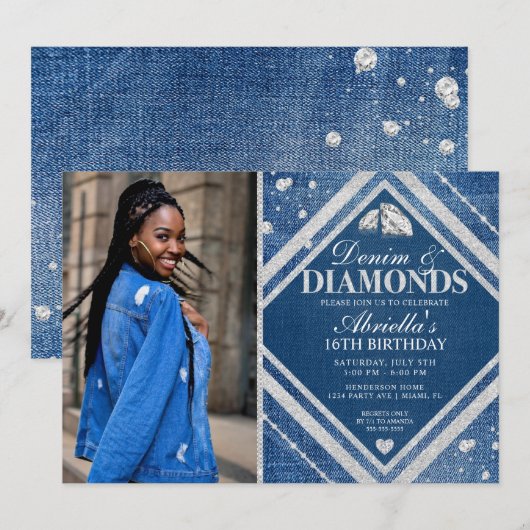 Elegant Denim en Diamonds Photo Invitation Kaart (Voorkant / Achterkant)