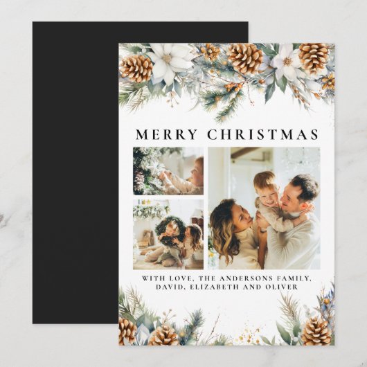 Elegant dennenblad | Botanische zwarte kerst Feestdagenkaart (Voorkant / Achterkant)