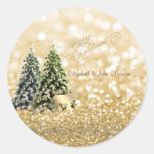 Elegant,Dennenbomen,Gouden Hert,Glitterende Bokeh Ronde Sticker