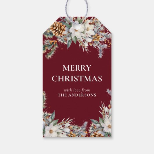 Elegant dennenboomgroen | Rode kerst Cadeaulabel (Voorkant)