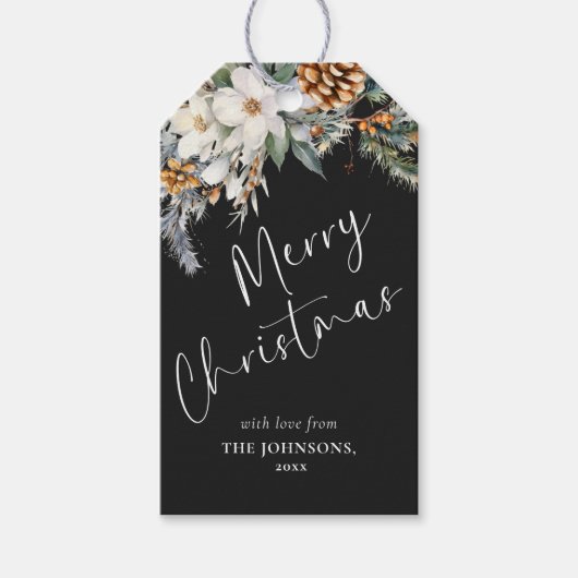 Elegant dennenboomgroen | Zwarte kerst Cadeaulabel (Voorkant)