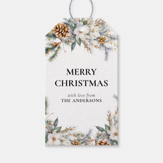 Elegant dennenboomgroen | Zwarte kerst Cadeaulabel (Voorkant)