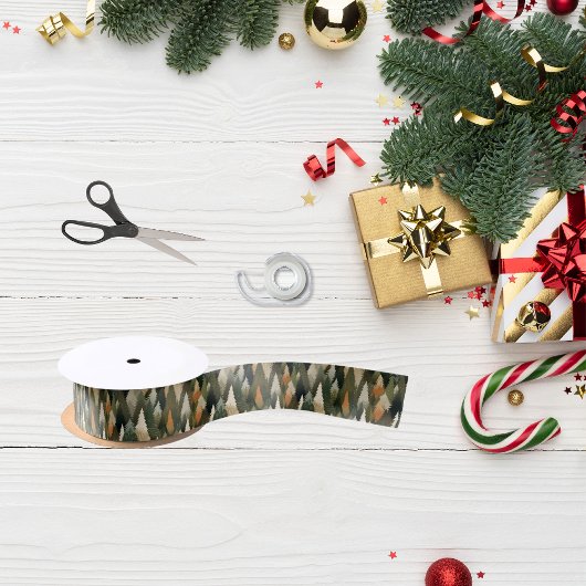 Elegant dennenboompatroon | rustiek bos satijnen lint