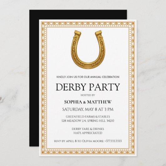 Elegant Derby Party Invitation with Gold Horseshoe Kaart (Voorkant / Achterkant)