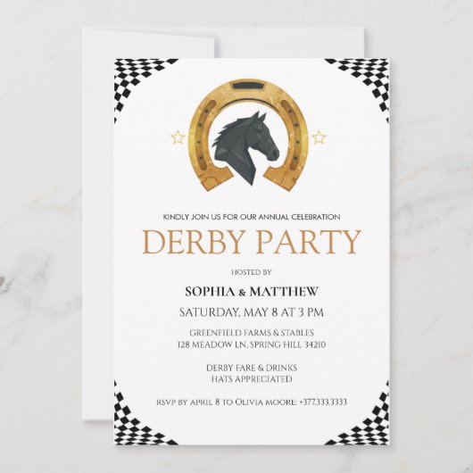 Elegant Derby Party Invitation with Gold Horseshoe Kaart (Voorkant)