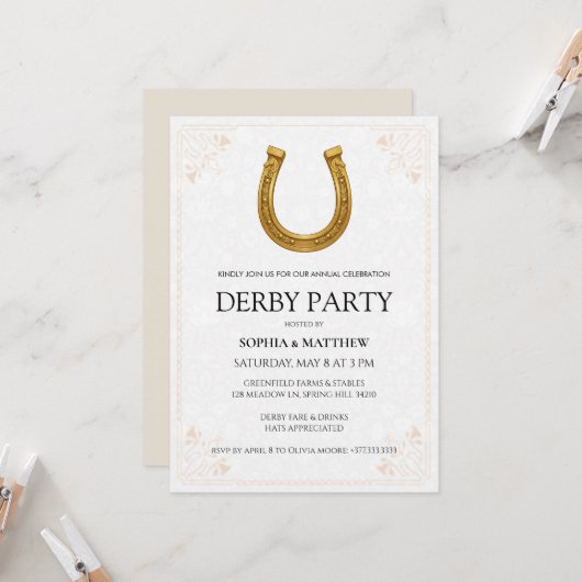 Elegant Derby Party Invitation with Gold Horseshoe Kaart (Voorkant / Achterkant in situ)
