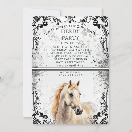 Elegant Derby Party Invitation With Horse Illustra Feestdagenkaart (Voorkant)