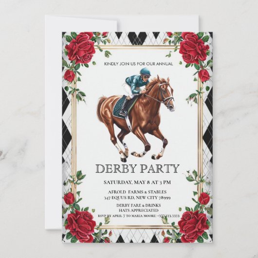 Elegant Derby Party Invitation with Horse Racing I Kaart (Voorkant)