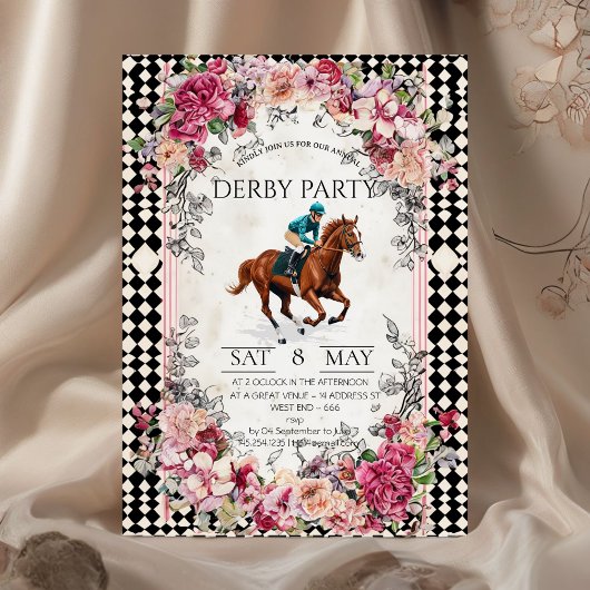 Elegant Derby Party Invitation with Horse Racing I Kaart