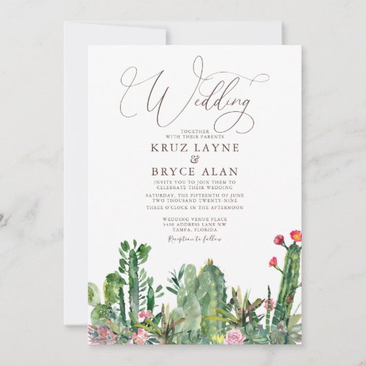 Elegant Desert Cacti Succulents Wedding Invitation Kaart (Voorkant)